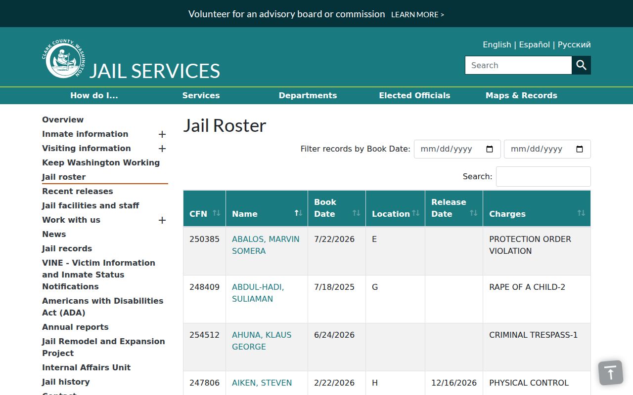 Clark County jail roster booking filter for Camas searches