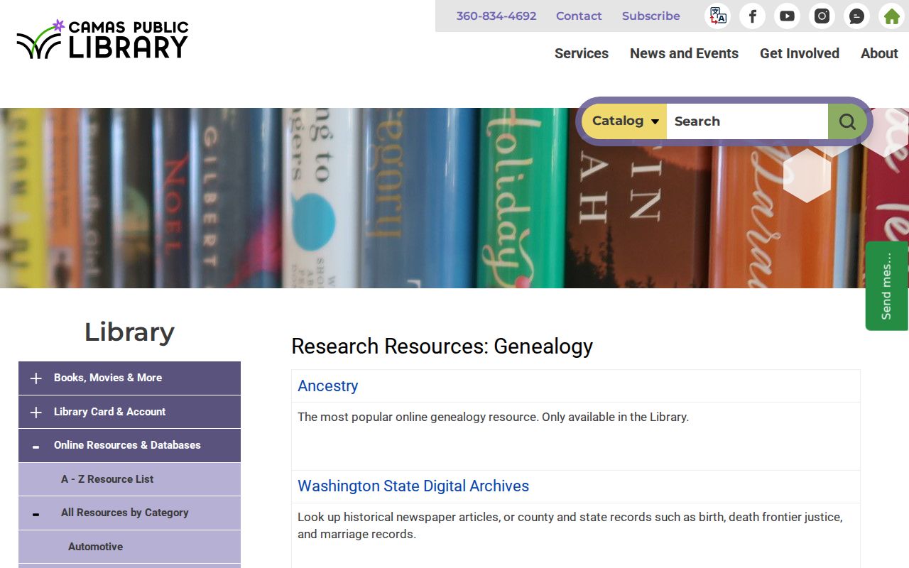 Camas Public Library genealogy resources and database access