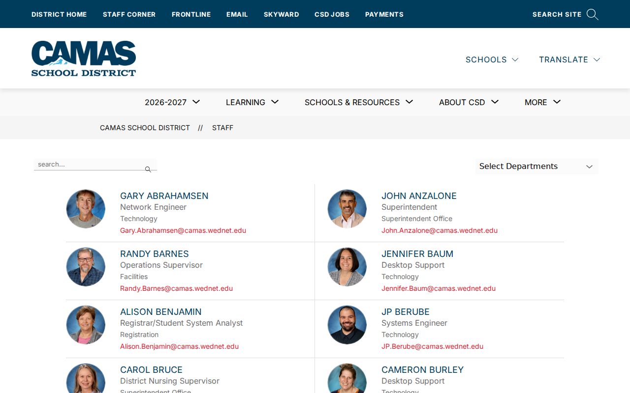 Camas School District staff directory search and department controls
