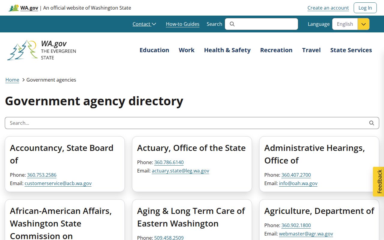 Washington agency directory listing agencies rather than individual employees