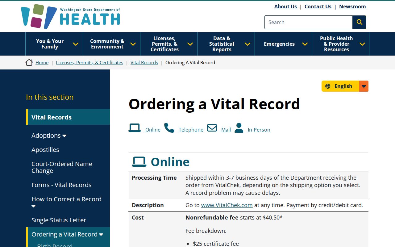 Camas public records route for Washington vital certificate orders