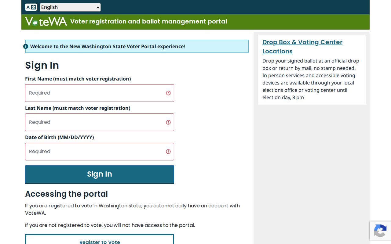 Camas voter registration records VoteWA login fields